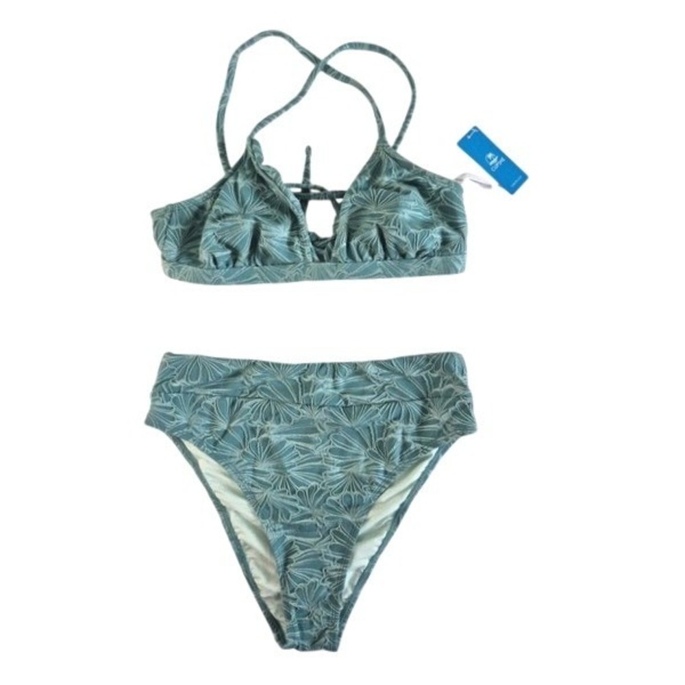 Cupshe Womens Teal Textured Floral High Waisted Bikini Set NWT Size Medium